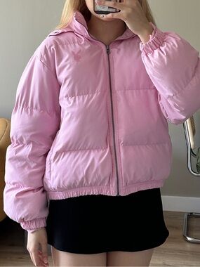 Playboy by PacSun light pink puffer jacket with hood and pockets.